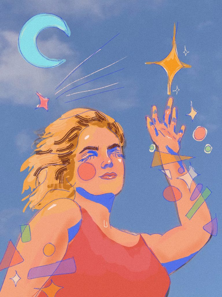 a digital portrait of a white woman wearing a pink shirt. She is in front of the blue sky.
