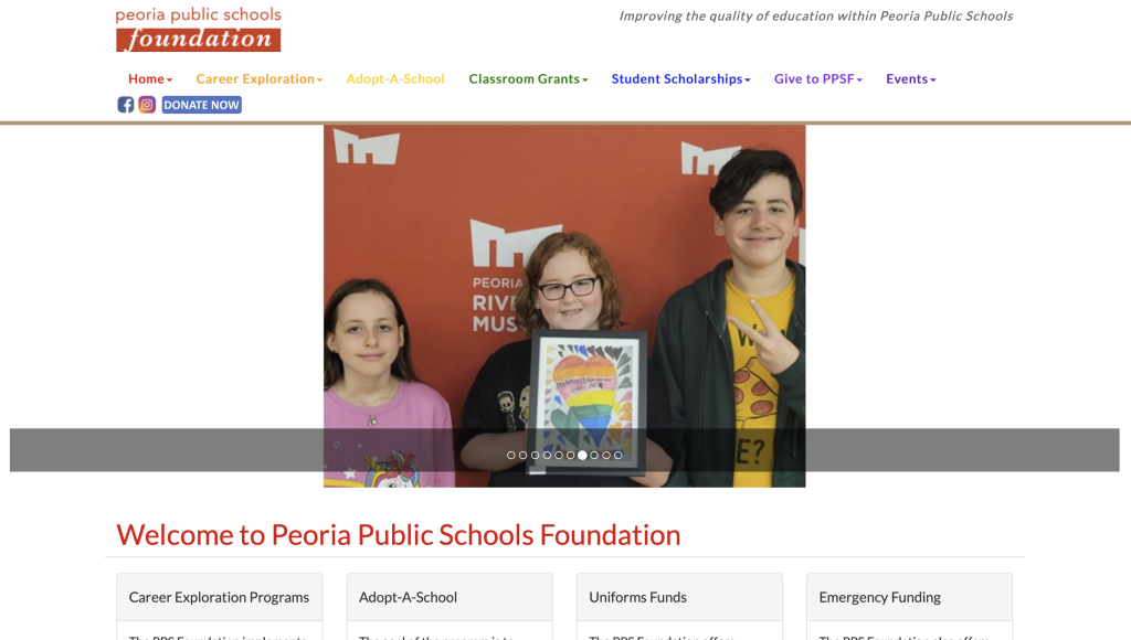 A screenshot of an older website, showing peoria schools and several students.