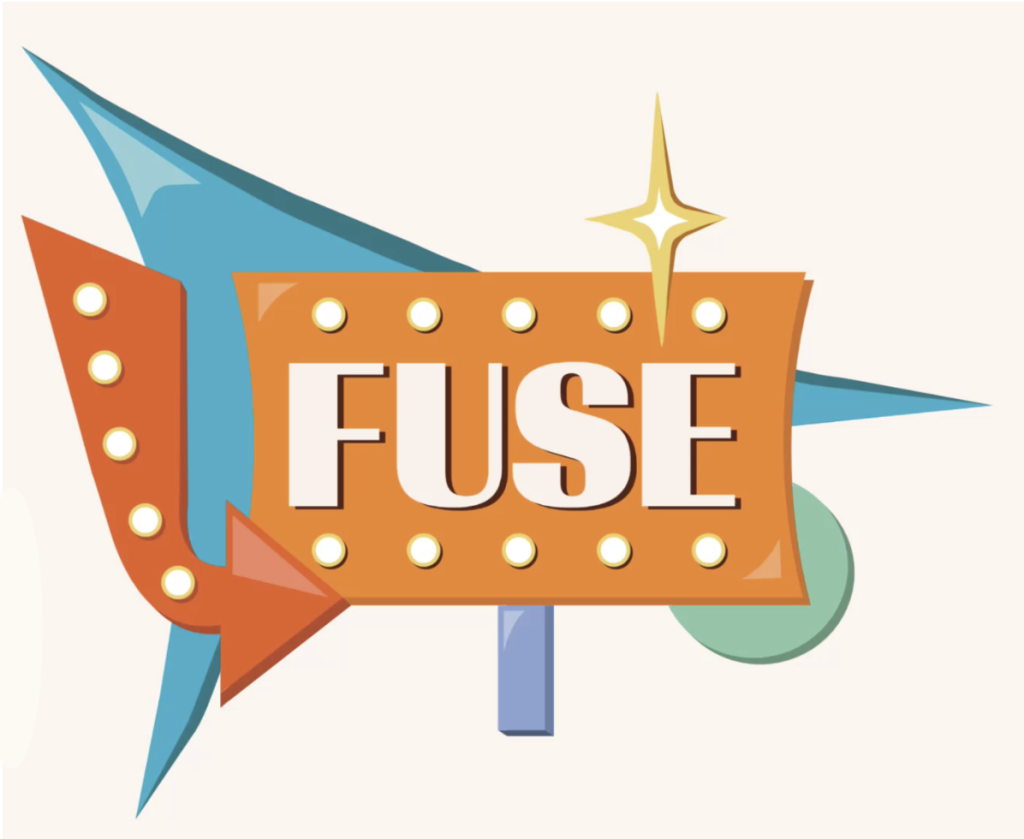 a logo of the word "fuse" over a roadsign