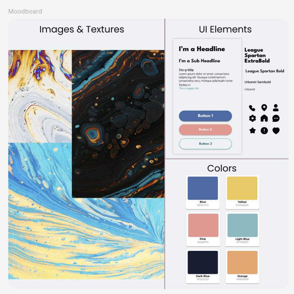 A moodboard showing different textures, fonts, and colors for the company website.