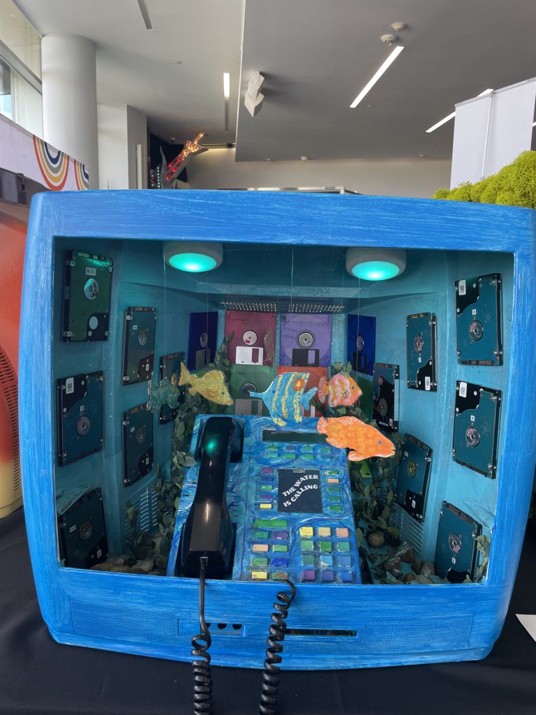 A sculpture made of an old TV made to look like an aquarium.